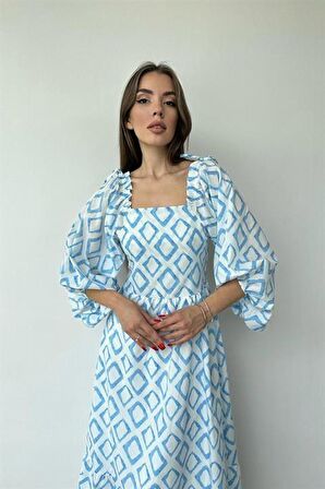 Kare Yaka Diamond Desenli Elbise - Mavi