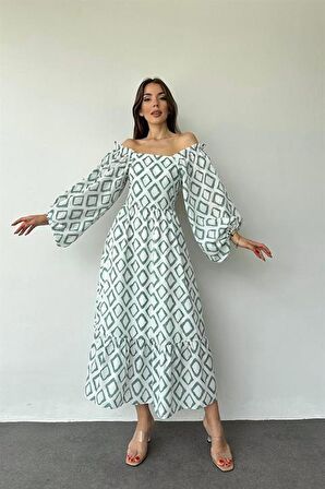 Kare Yaka Diamond Desenli Elbise - Yeşil