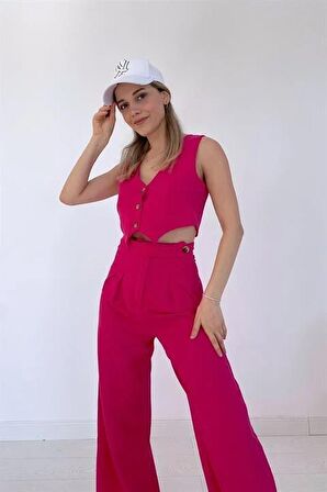 Önü Düğmeli Yelek ve Pantolon Takım - Fuşya