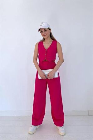 Önü Düğmeli Yelek ve Pantolon Takım - Fuşya