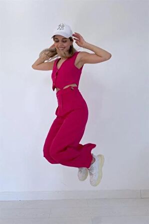 Önü Düğmeli Yelek ve Pantolon Takım - Fuşya