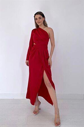 Tek Kol Saten Abiye - Kırmızı