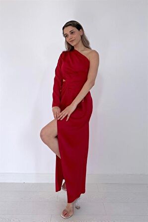 Tek Kol Saten Abiye - Kırmızı