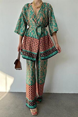 Desenli Kimono ve Pantolon Takım - Yeşil