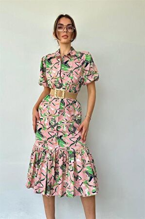 Kemerli GömlekYaka Elbise - Pembe