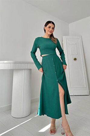 Fitilli Bluz ve Etek Takım - Mint