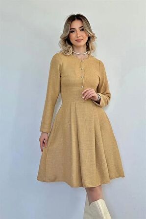 Kısa Klasik Elbise - Vizon