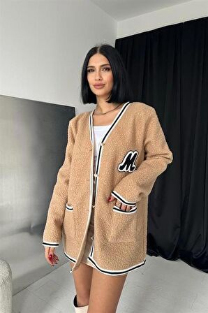 Şeritli Bukle Hırka - Bej