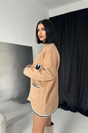 Şeritli Bukle Hırka - Bej