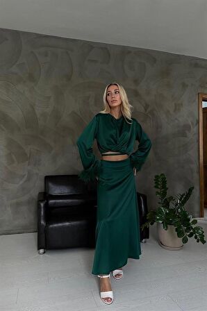 Kolları Tüllü Bluz ve Etek Takım - Zümrüt