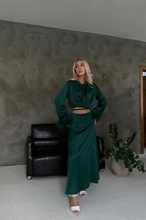 Kolları Tüllü Bluz ve Etek Takım - Zümrüt