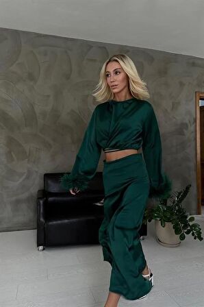 Kolları Tüllü Bluz ve Etek Takım - Zümrüt