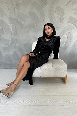 Taşlı Büzgülü Elbise - Siyah
