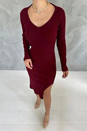 Eteği Yırtmaçlı Triko Elbise - Bordo