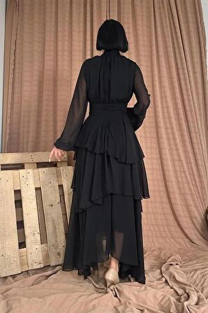 Dik Yaka Bel Detaylı Elbise - Siyah