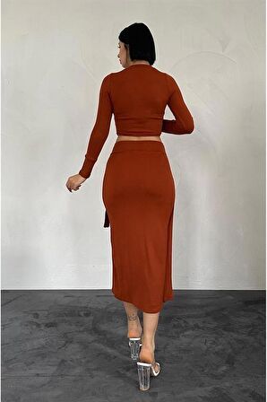 Butik Bluz ve Etek Takım - Taba