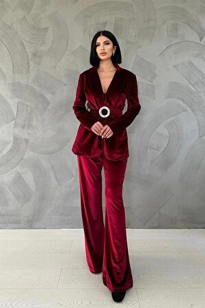 Kemerli Kadife Ceket ve Pantolon Takım - Bordo