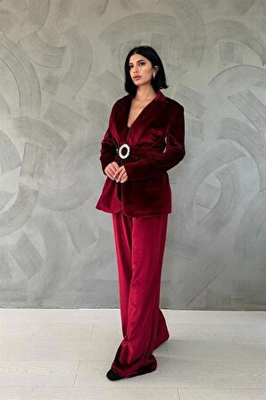 Kemerli Kadife Ceket ve Pantolon Takım - Bordo