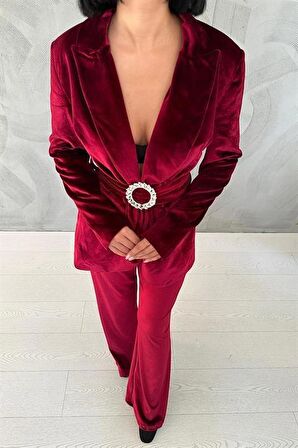 Kemerli Kadife Ceket ve Pantolon Takım - Bordo