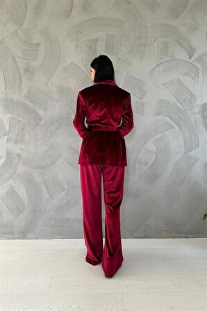 Kemerli Kadife Ceket ve Pantolon Takım - Bordo