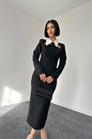 Kravat Detaylı Elbise - Siyah