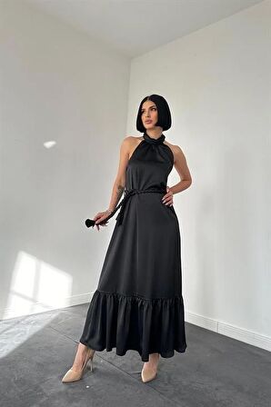 Halter Yaka Örgülü Elbise - Siyah