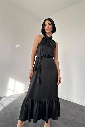 Halter Yaka Örgülü Elbise - Siyah
