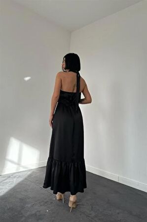 Halter Yaka Örgülü Elbise - Siyah