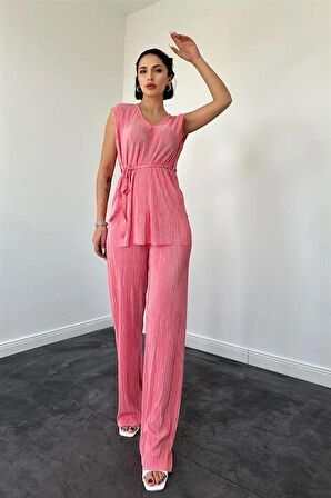 Fitilli V Yaka Takım - Pembe