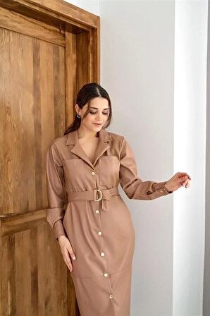 Kemerli Deri Elbise - Vizon