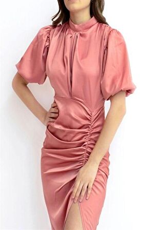 Büzgülü Saten Elbise - Pembe
