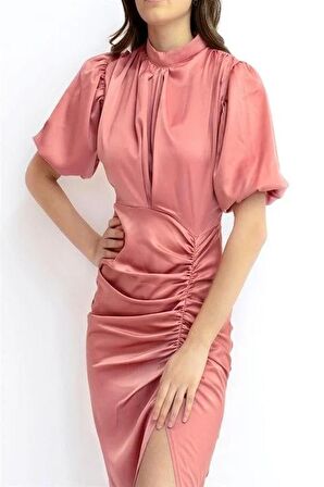 Büzgülü Saten Elbise - Pembe
