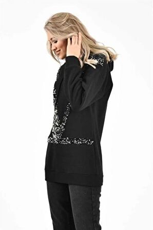 Kapüşonlu ve Siyah Pullu Sweatshirt - Siyah