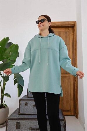 Kapüşonlu Garni Detay Sweatshirt - Çağla