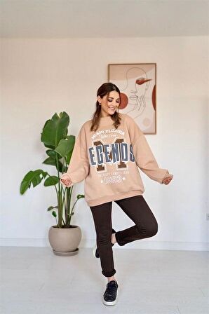 Yazı Baskılı Sweatshirt - Bej