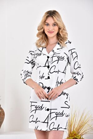 Modkofoni Kruvaze Yaka Düğme Kuşak ve Baskılı Beyaz Kadın Elbise