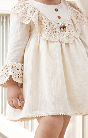 Kız Bebek Elbise Kız Çocuk Elbise Doğum Günü Parti Düğün Keten Uzun Kollu Astarlı Elbise