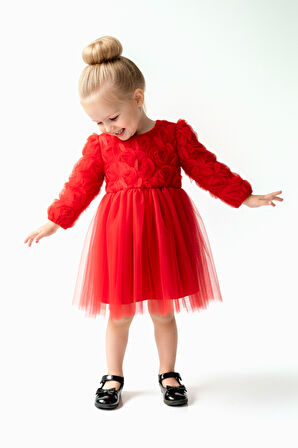 Kız Bebek Kız Çocuk Doğum Günü Parti Düğün Elbise Uzunkollu Güllü Fiyonklu Tüllü Tütü Astarlı