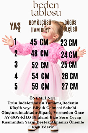 Kız Bebek Kız Çocuk Doğum Günü Parti Düğün Elbise Uzunkollu Güllü Fiyonklu Tüllü Tütü Astarlı