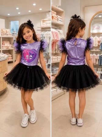 My Melody Kuromi Baskılı Eteği ve Kolları Tüllü Doğum Günü Parti Eğlence Elbisesi