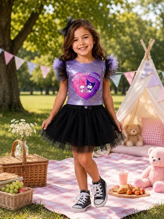 My Melody Kuromi Baskılı Eteği ve Kolları Tüllü Doğum Günü Parti Eğlence Elbisesi