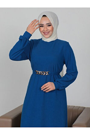DİK YAKA FİTİLLİ ZİNCİR KUŞAKLI ELBİSE 