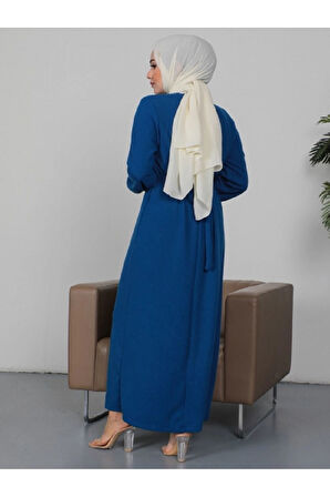 DİK YAKA FİTİLLİ ZİNCİR KUŞAKLI ELBİSE 