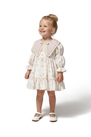 Kız Bebek Elbise Kız Çocuk Elbise Yakalı Doğum Günü Parti Düğün Özel Gün Uzun Kol Astarlı Elbise