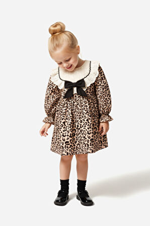 Kız Bebek Elbise Kız Çocuk Elbise Leopar Doğum Günü Parti Düğün Özel Gün Uzun Kol Astarlı Elbise