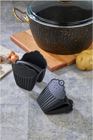 2 Adet ilikon Fırın Eldiveni Kaymaz Mikrodalga Fırın Tencere Tepsi Tutmaç Seti Siyah