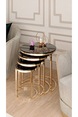 Elegante Serisi Gold Metal Ayaklı 4 lü Sehpa Seti Siyah Parlak MDF Tabla