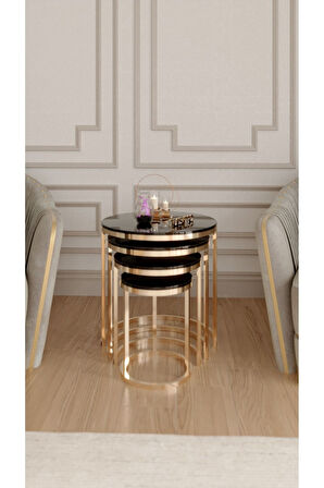 Elegante Serisi Gold Metal Ayaklı 4 lü Sehpa Seti Siyah Parlak MDF Tabla