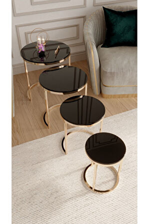Elegante Serisi Gold Metal Ayaklı 4 lü Sehpa Seti Siyah Parlak MDF Tabla
