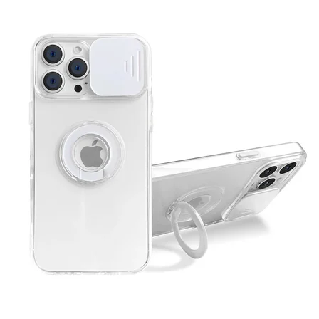 Ally iPhone 12 Pro Max Kılıf Sürgülü Kamera Lens Korumalı Yüzük Standlı Silikon Kılıf-(5775)